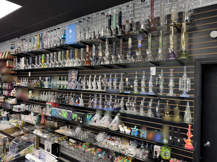 Wall of glass water pipes and bongs
